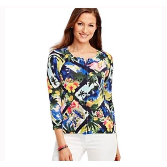 Talbots Women's Palm Trees Pineapples Floral Flamingo Cardigan cotton blend size - Picture 1 of 8